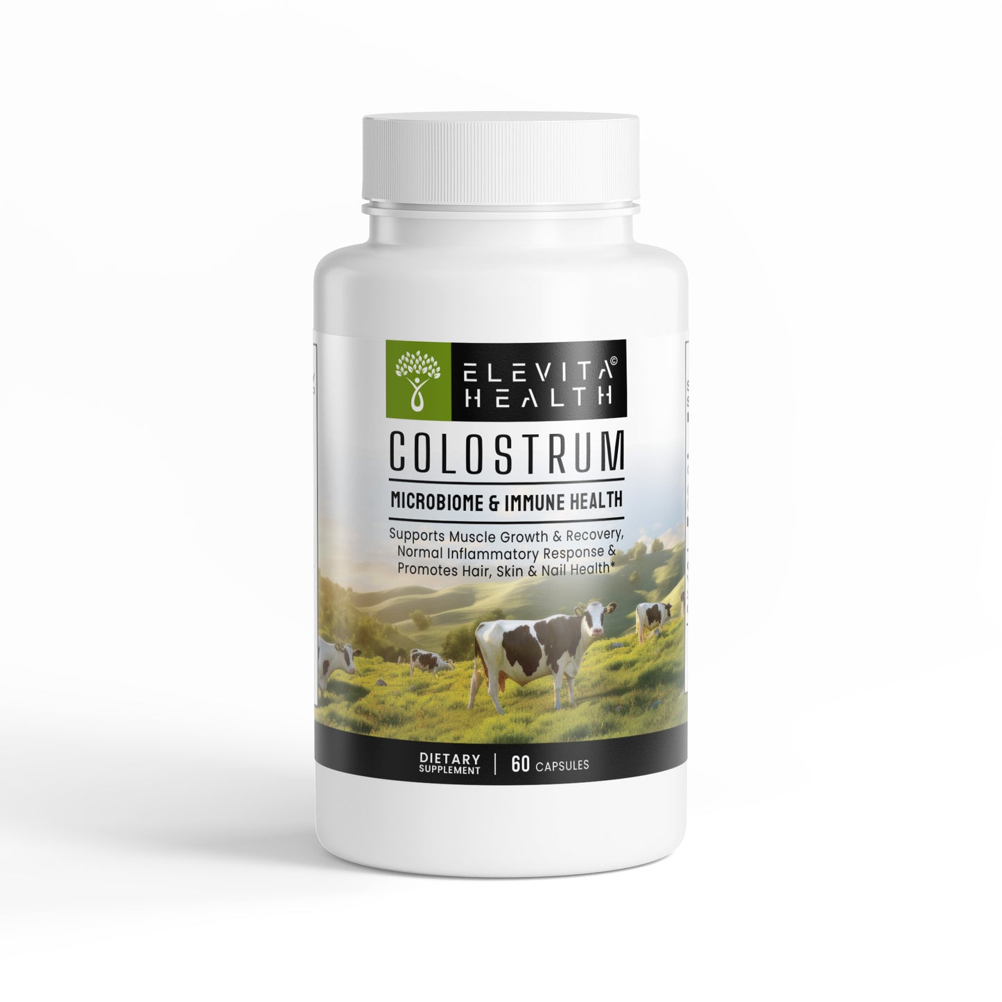 Elevita Health Colostrum supplement bottle on a white background