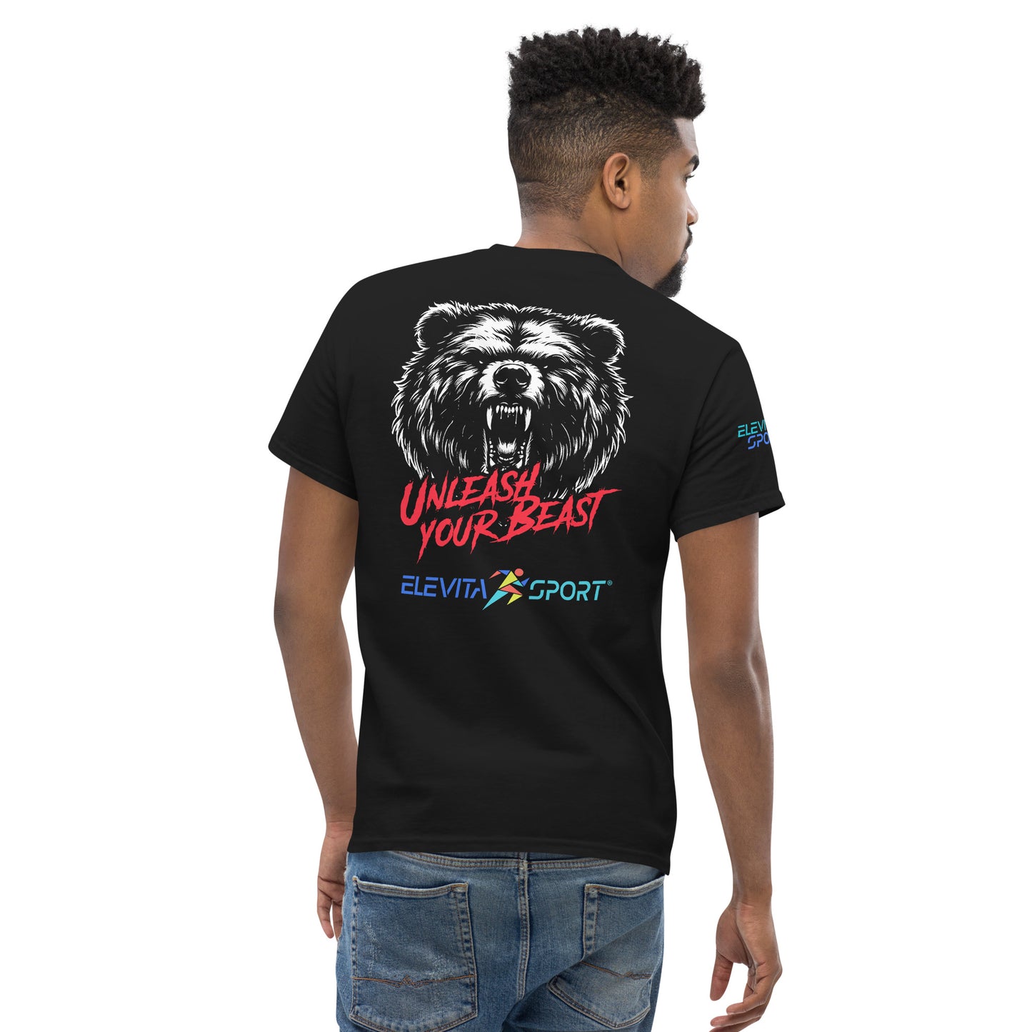 Classic Tee with ROAR logo, Unleash Your Beast and Bear Design on back