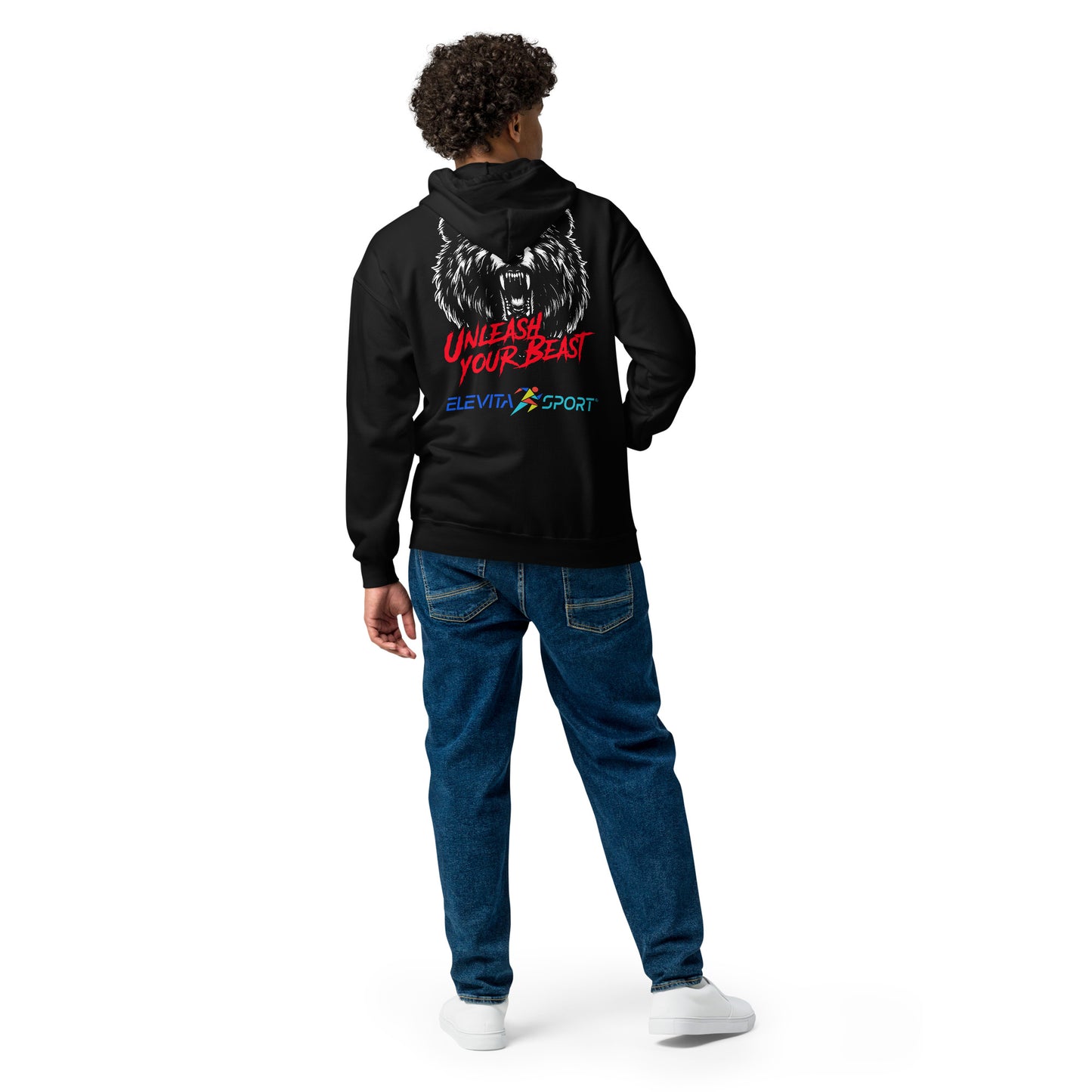 Unisex heavy blend zip hoodie with Embroidered Logo and Unleash Your Beast Bear on Back