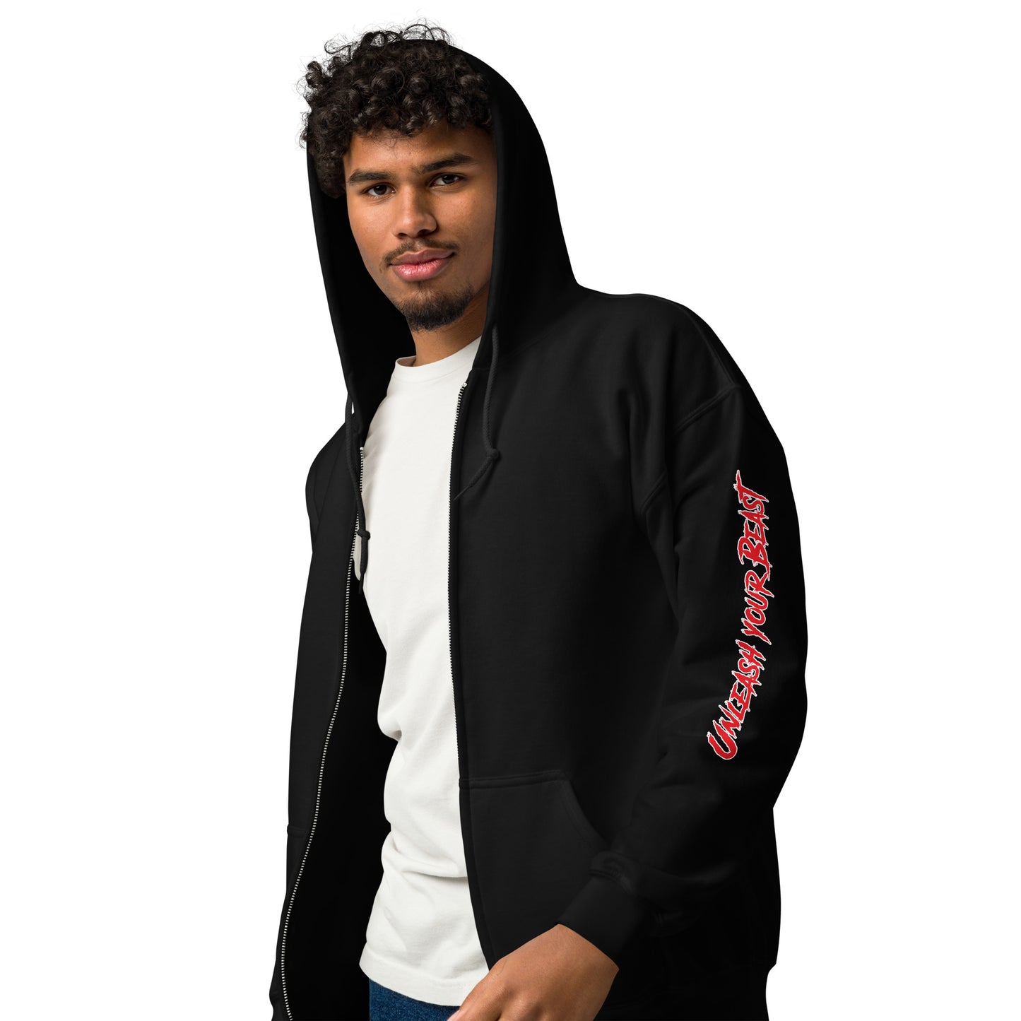Unisex heavy blend zip hoodie With ROAR Lion on back and "UNLEASH YOUR BEAST" on Left Sleeve