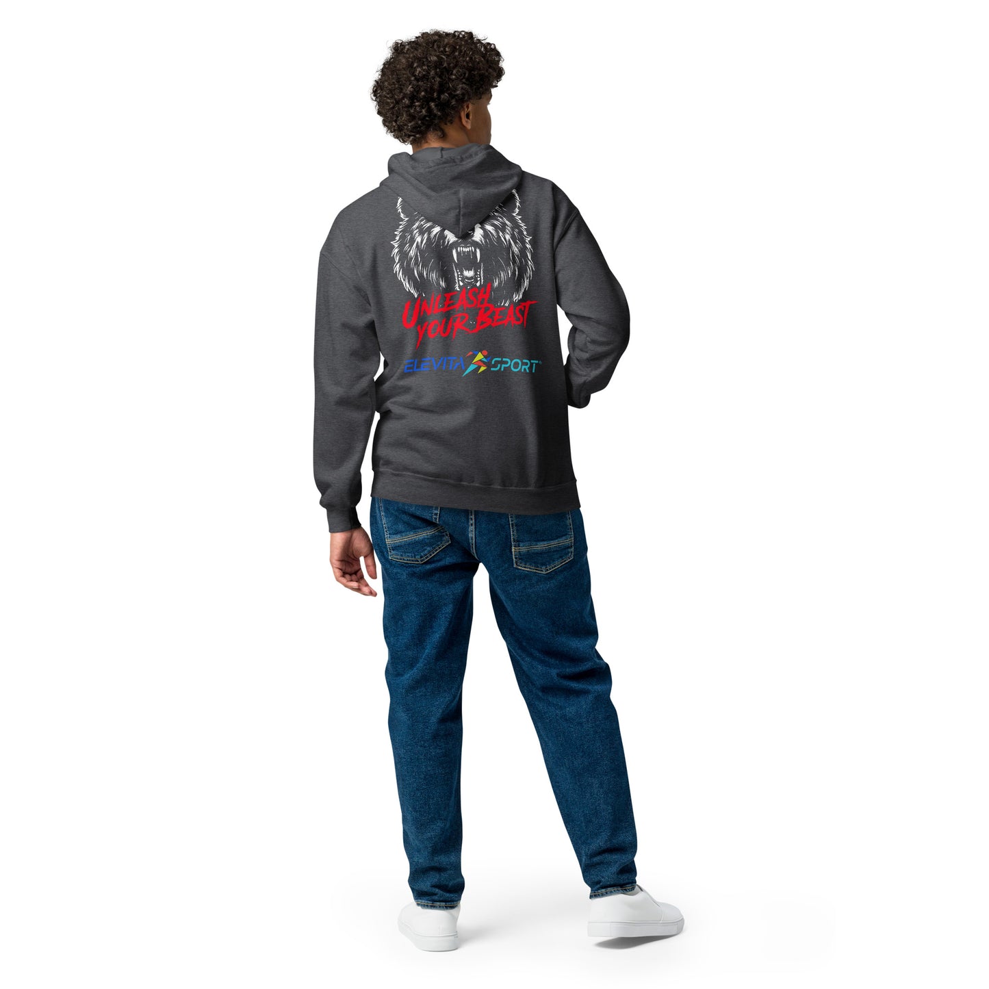 Unisex heavy blend zip hoodie with Embroidered Logo and Unleash Your Beast Bear on Back