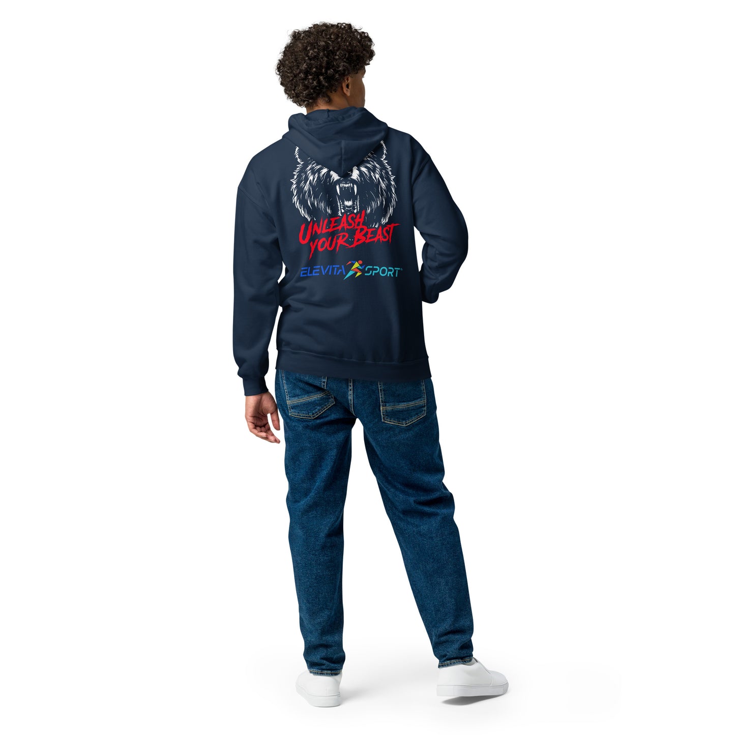 Unisex heavy blend zip hoodie with Embroidered Logo and Unleash Your Beast Bear on Back