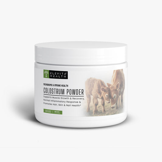 Jar of Elevita Health Colostrum Powder on a white background